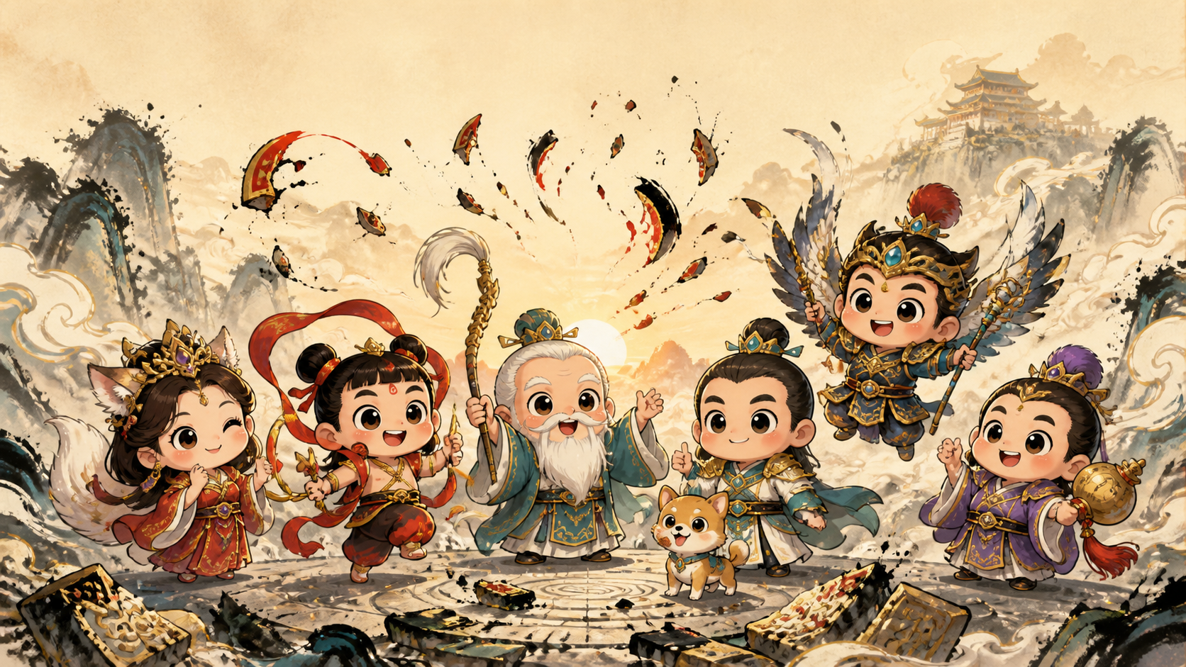 Q 版封神群仙在國風潑墨金光中歡慶玩家破陣封神